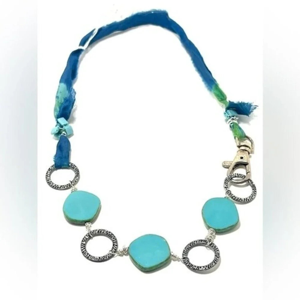 Artisan made Necklace with Sari Fabric, Pewter and Czech Glass​​
